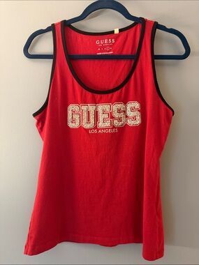 GUESS Red Tank Top with Black Trim and Glitter Logo Large Like New